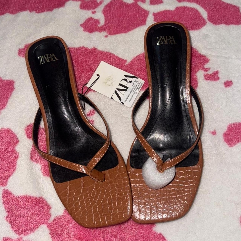 Zara Tan Croc-Embossed Women's Sandals